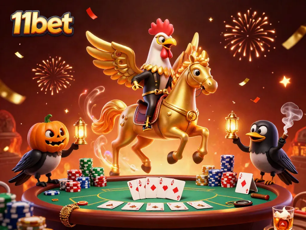 Engage in thrilling gameplay at 11bet with a vibrant casino scene featuring unique characters.
