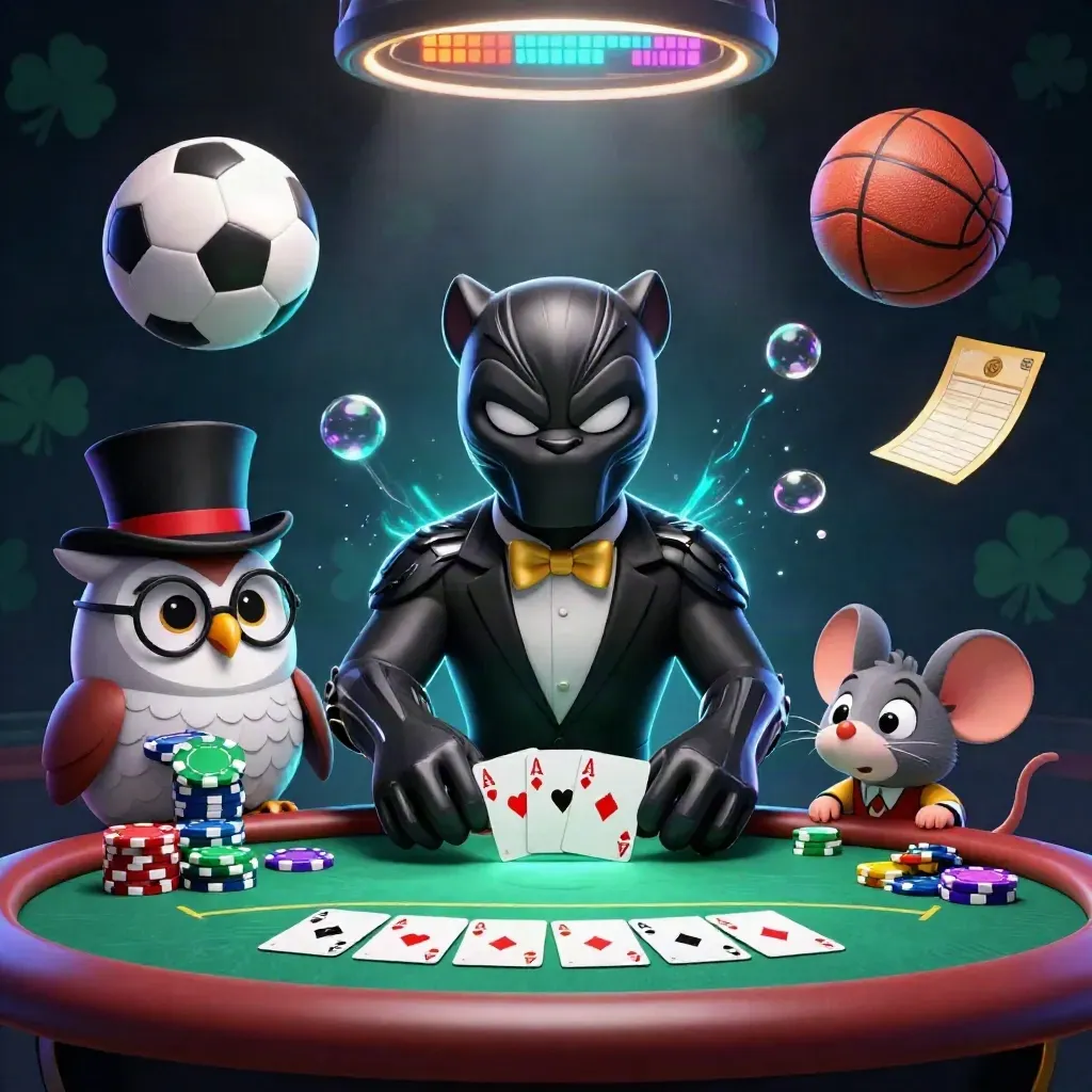 Panther, owl and mouse amid chips, cards, balls and glowing casino lights