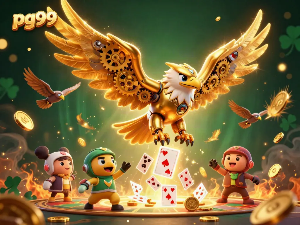 Experience high-stakes action with pg99, featuring a cybernetic eagle amid cascading playing cards.