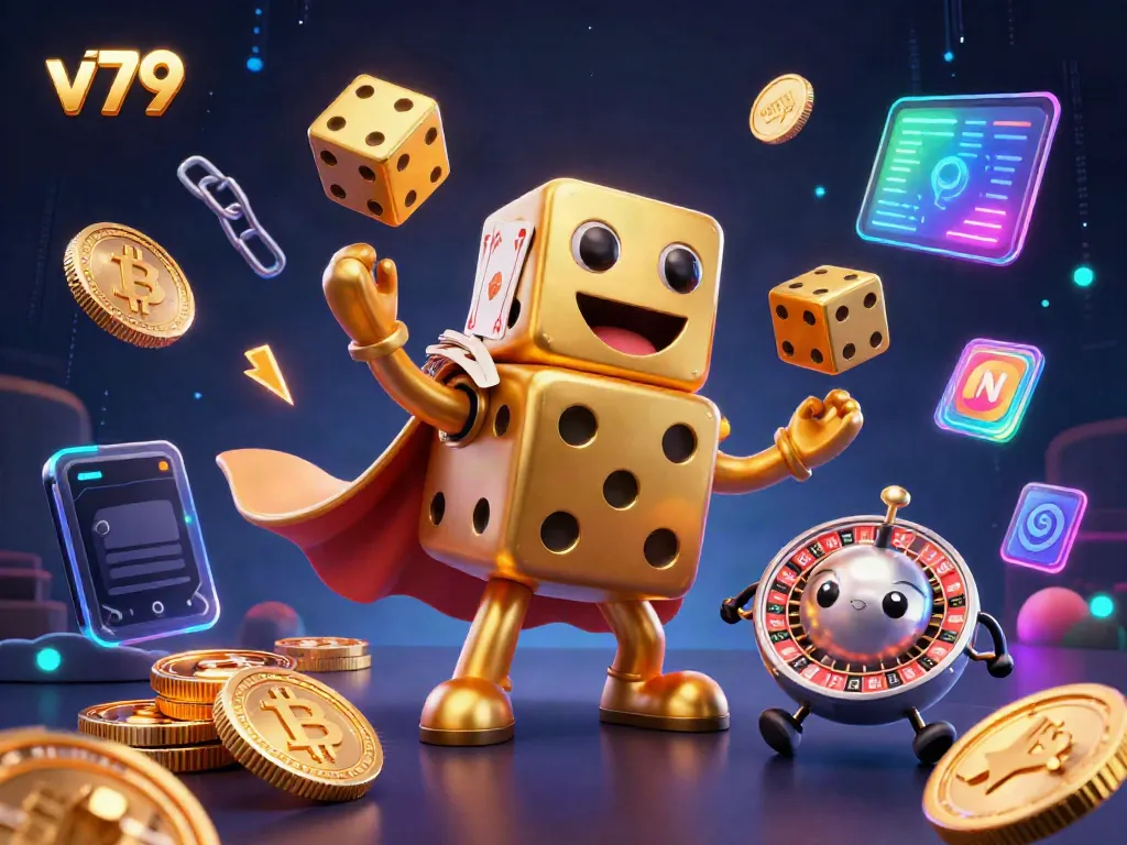 Engage with v79's thrilling online casino experience featuring 3D golden dice and crypto symbols.