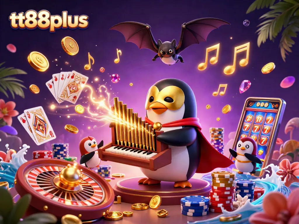 Experience thrilling wins at tt88plus with a cartoon penguin playing casino games surrounded by vibrant casino elements.