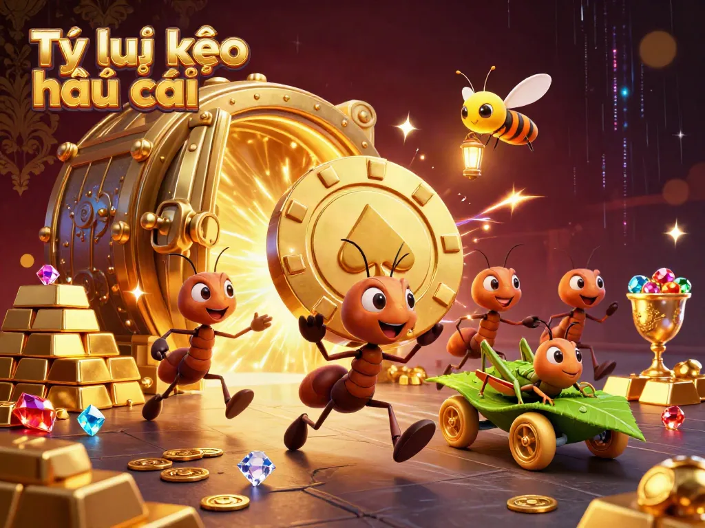 Engage with Tỷ lệ kèo nhà cái as a team of ants executes a heist with a golden poker chip in a vibrant casino-themed scene.