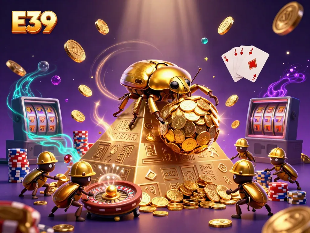E39 showcases a 3D cartoon beetle rolling golden coins, enchanting casino-themed scene with vibrant gaming elements.