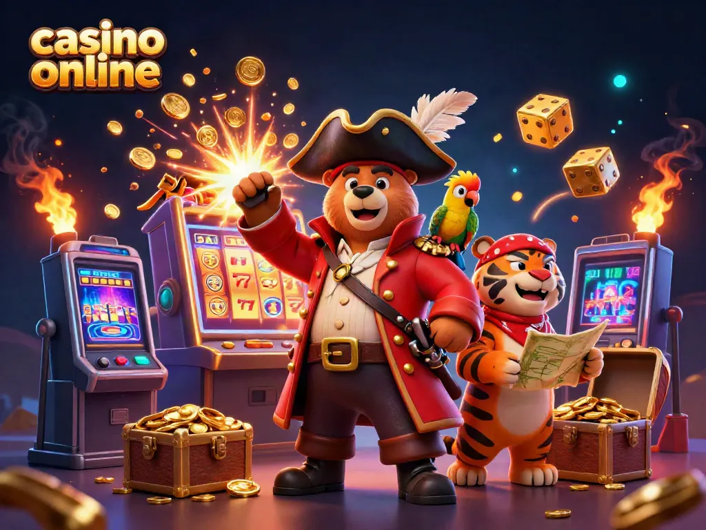 Experience vibrant casino online action with a pirate bear, tiger, and golden treasure.
