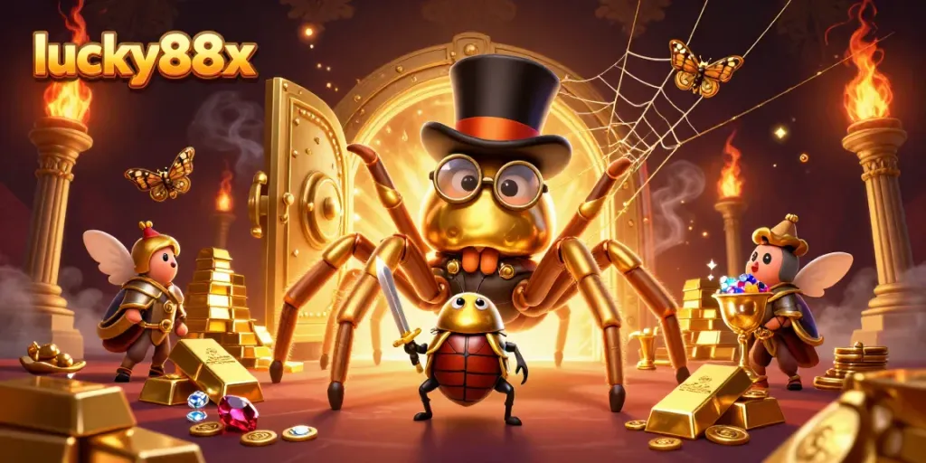 Engage with lucky88x at a vibrant casino scene featuring treasures and characters.