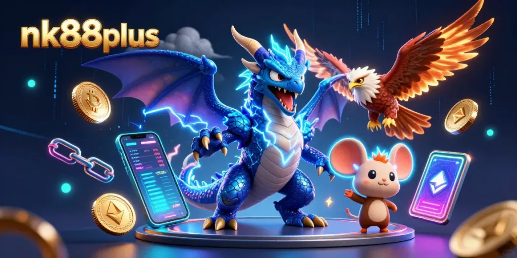 Experience the thrill of nk88plus with our vibrant 3D casino illustration featuring an electric dragon, hawk, and dynamic crypto elements.