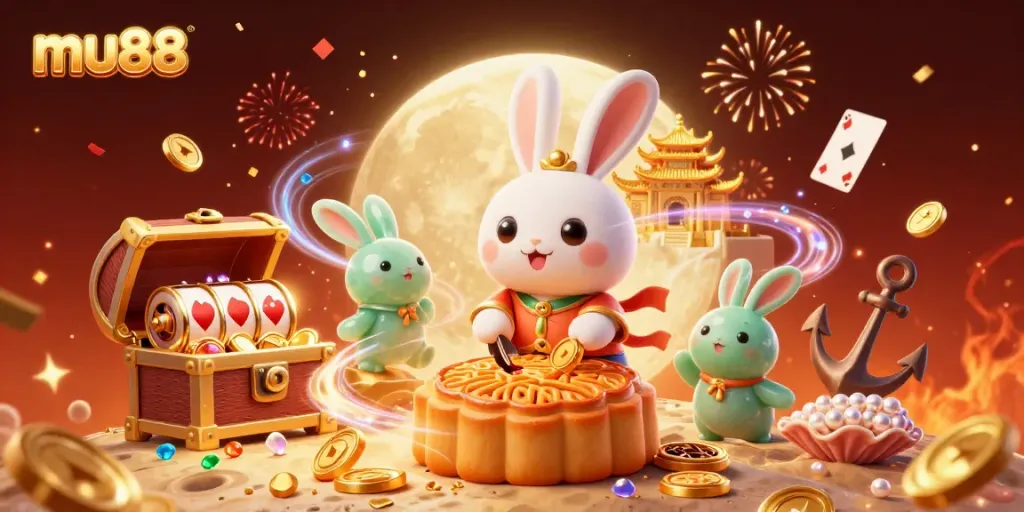 Experience thrilling gameplay at mu88 with a charming scene of a moon rabbit surrounded by exciting casino elements.
