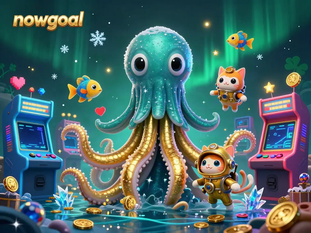 Engage in thrilling gameplay with nowgoal's dynamic kraken and diving cat illustration, showcasing colorful casino elements.