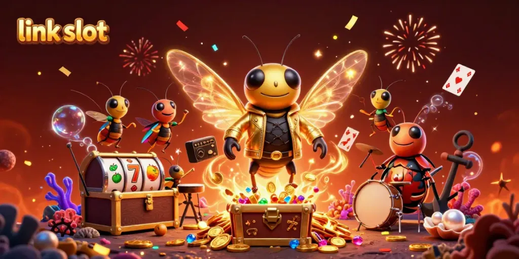 Experience the thrill of link slot gaming with lively characters and vibrant casino elements in a dynamic scene.