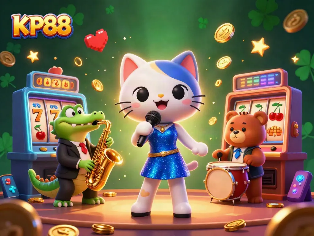 Enjoy the vibrant KP88 casino scene featuring a jazzy cat singer, crocodile playing sax, and a bear cub drummer.