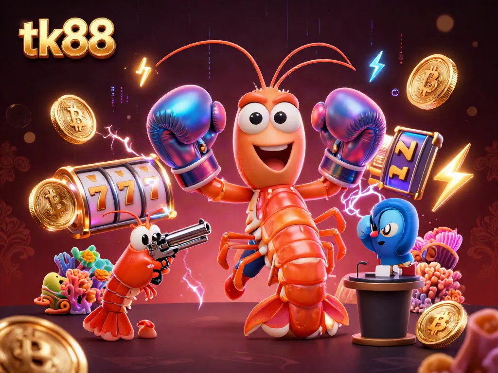 Engage in thrilling action with tk88’s standout 3D casino characters amidst neon slot elements and crypto artifacts.