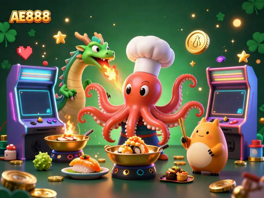 Enjoy thrilling AE888 gaming with a sushi chef octopus, fiery dragon, and tanuki in this vibrant casino scene.