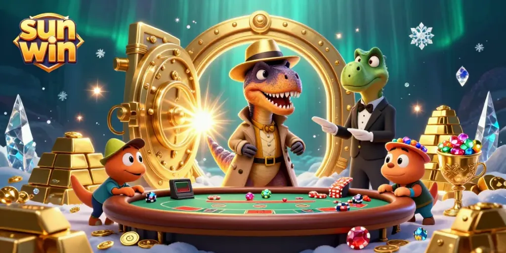 Bet on sun win with the cartoon velociraptor at a blackjack table, surrounded by gold treasures.