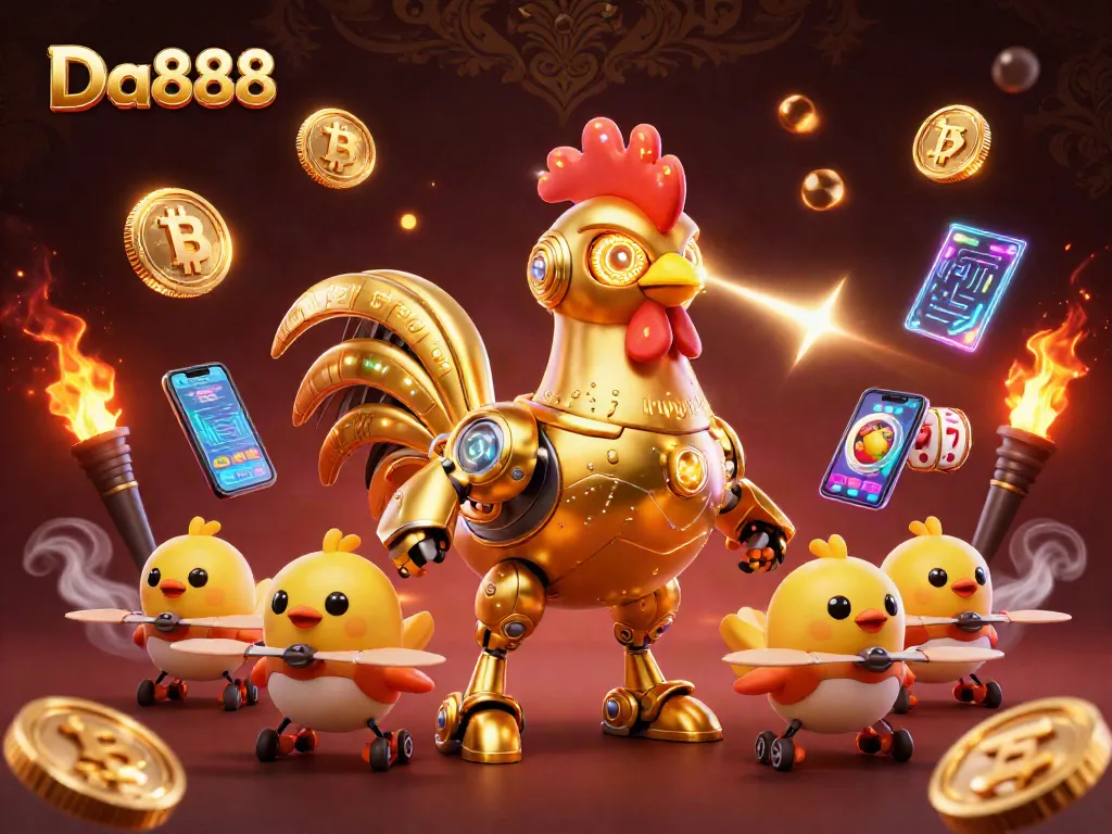 Win big at Da888 with a dynamic 3D illustration of a golden rooster robot and crypto elements