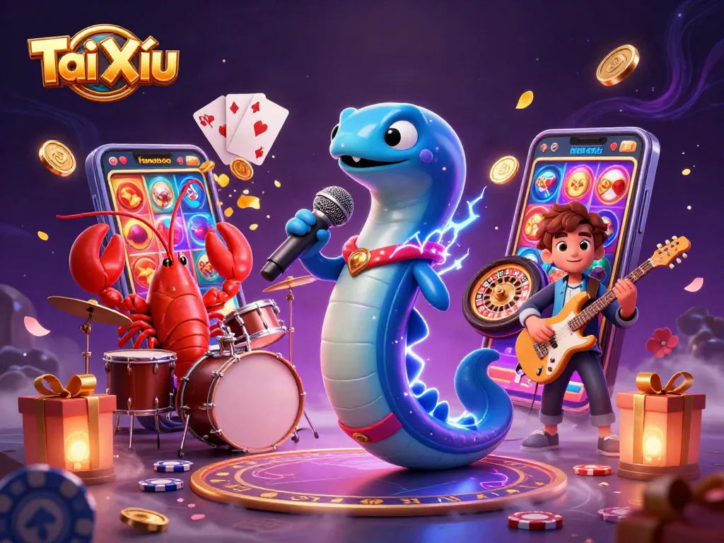 Tài Xỉu scene featuring an electric eel DJ, playing cards, and casino elements under the sea.