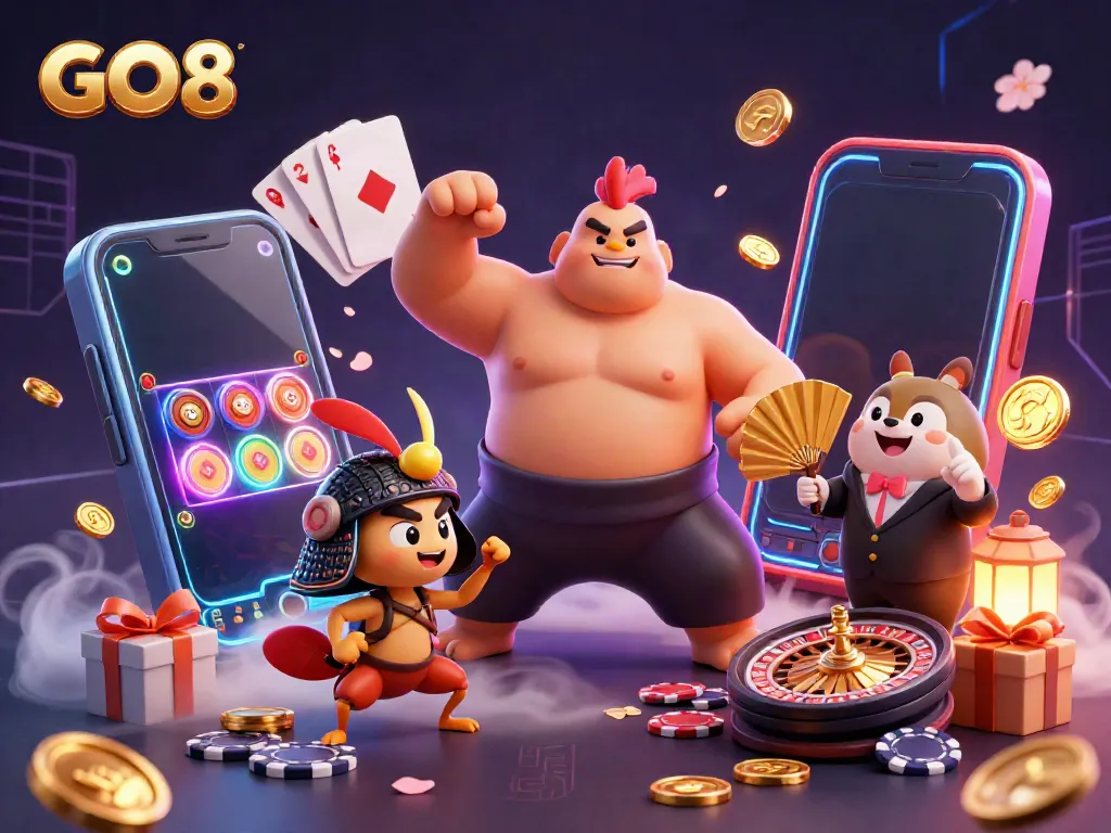 Engaging 3D scene showcasing the powerful GO8 sumo wrestler rooster, fighting cricket, and tanuki announcer amid casino game elements.