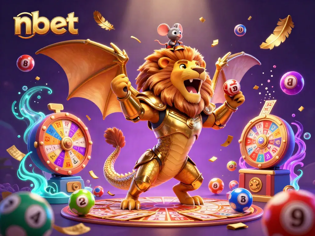 Experience the thrill of nbet with a golden chimera and vibrant lottery elements in a magical scene.
