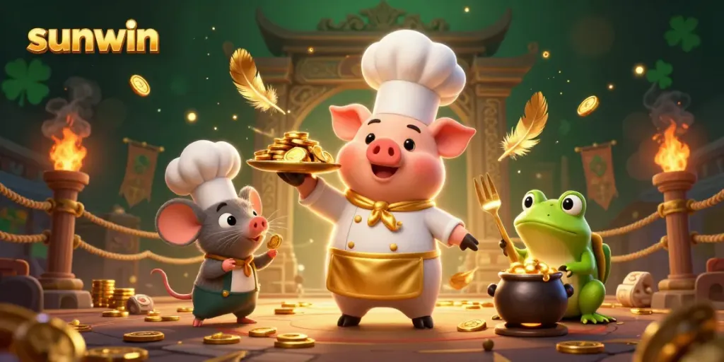 Engaging scene of a chef pig with coins showcasing the sunwin gaming experience.