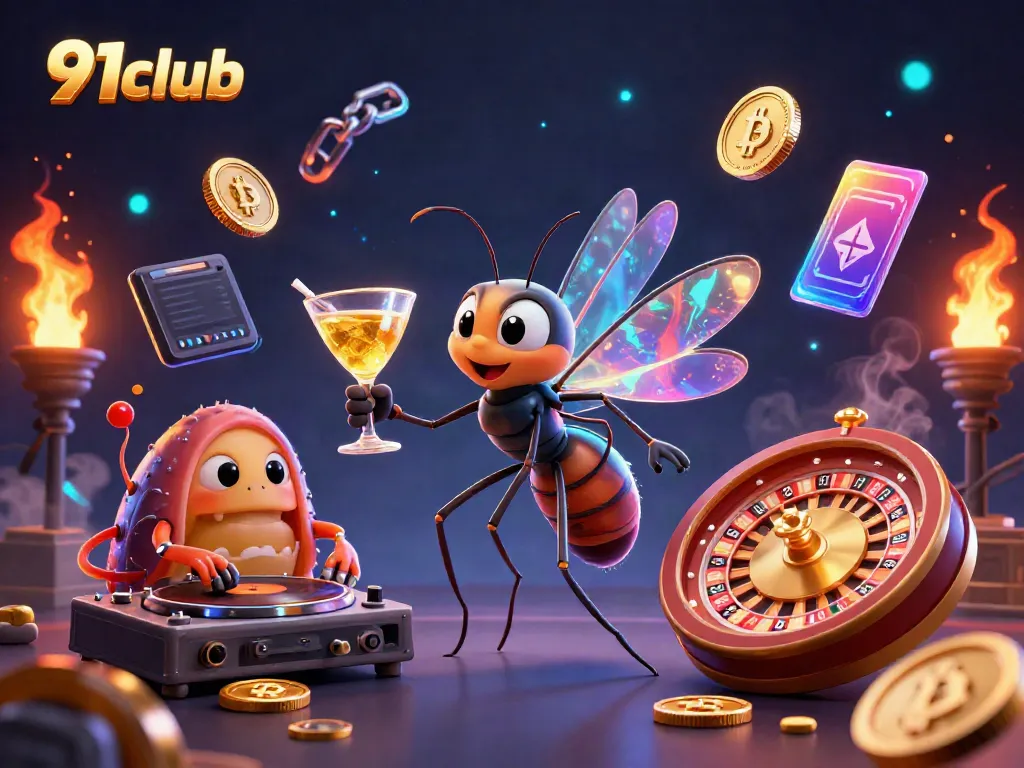 Experience the thrill of 91club with an exciting casino-themed digital illustration featuring unique characters and vibrant elements.
