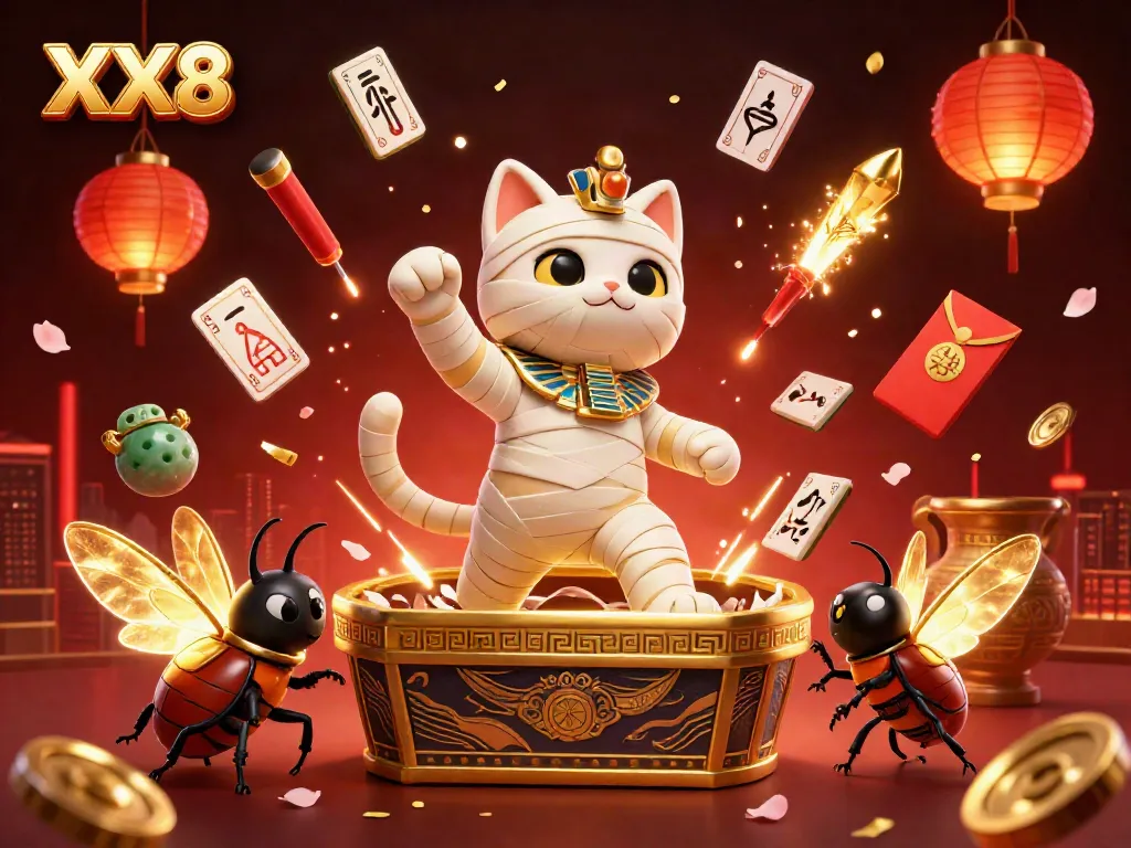 Engage with XX8 at a vibrant pyramid casino featuring an Egyptian mummy cat and a scarab beetle among festive decorations.