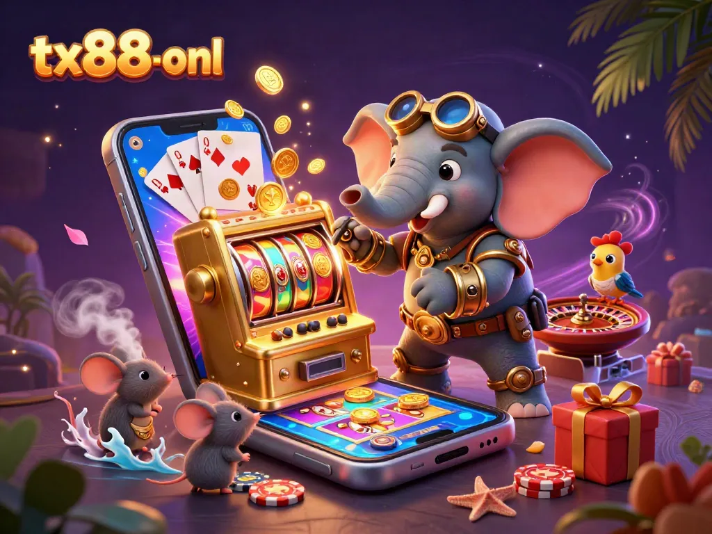 Spin the reels at tx88-onl with vibrant 3D casino illustration featuring steampunk-themed characters.