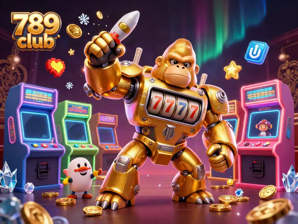 Engage with the vibrant 789 club gaming experience featuring a dynamic golden gorilla mech surrounded by arcade elements.