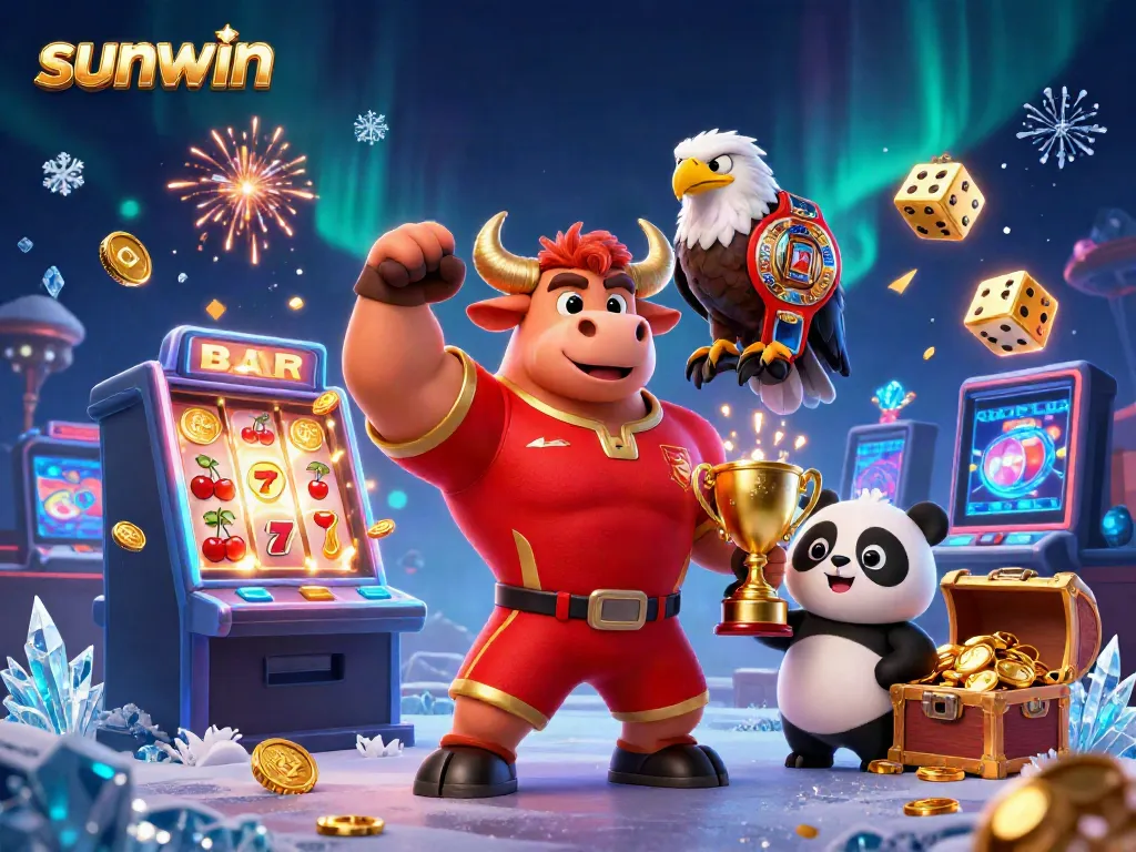 Sunwin jackpot scene with a bull mascot, eagle, and panda celebrating winnings