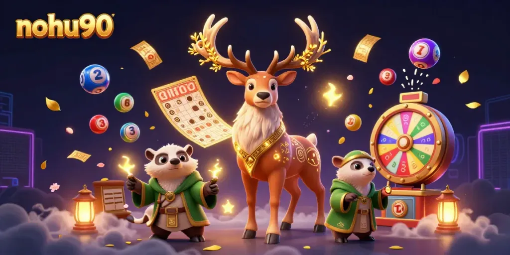 Experience the thrill of nohu90 with vibrant lottery elements and mystical characters in a dynamic casino scene.