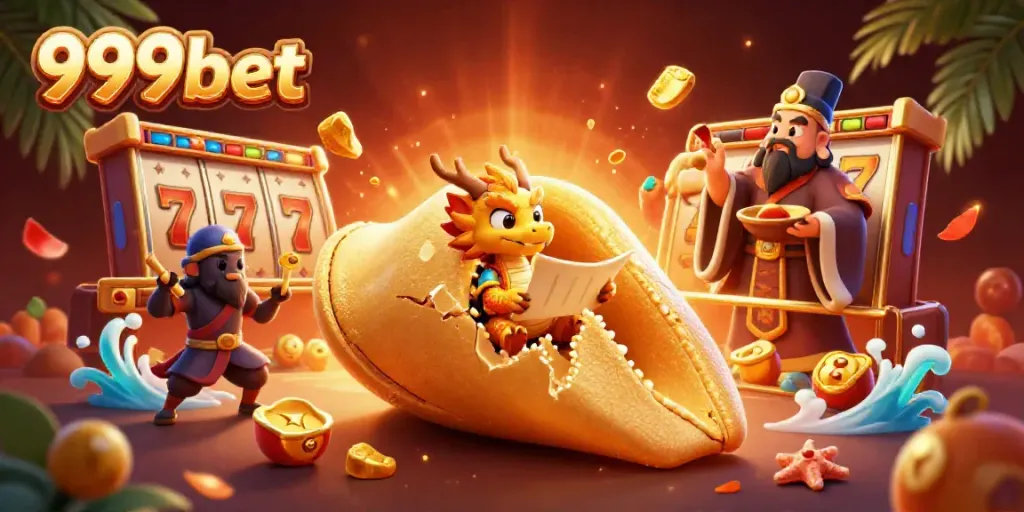 Experience immersive gaming with 999bet's vibrant fortune cookie scene, filled with colorful slot elements.