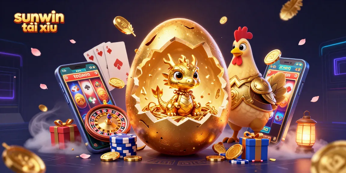 Win big with sunwin tài xỉu as a golden baby dragon emerges from a cracking egg, surrounded by casino elements.