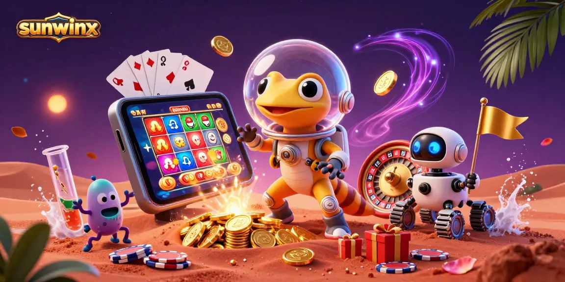 Experience sunwinx with a Martian gecko uncovering a vibrant casino scene filled with slot games.