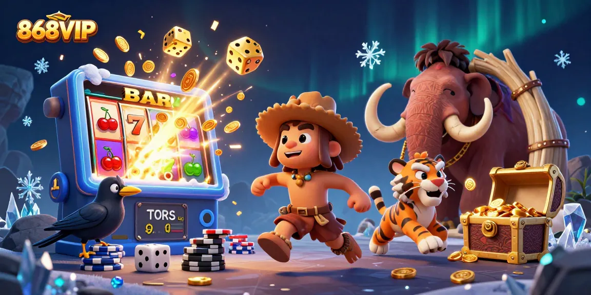 Play slots and win big with 868VIP in this vibrant casino scene featuring dynamic characters.