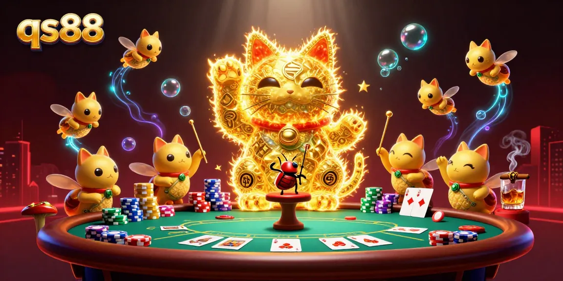 Experience qs88's vibrant casino magic with a lucky cat and poker elements alive!