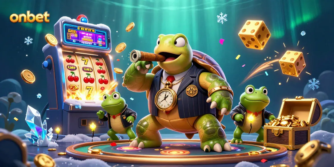 Spin to win with onbet in a vibrant casino scene featuring a turtle and frog enforcers.