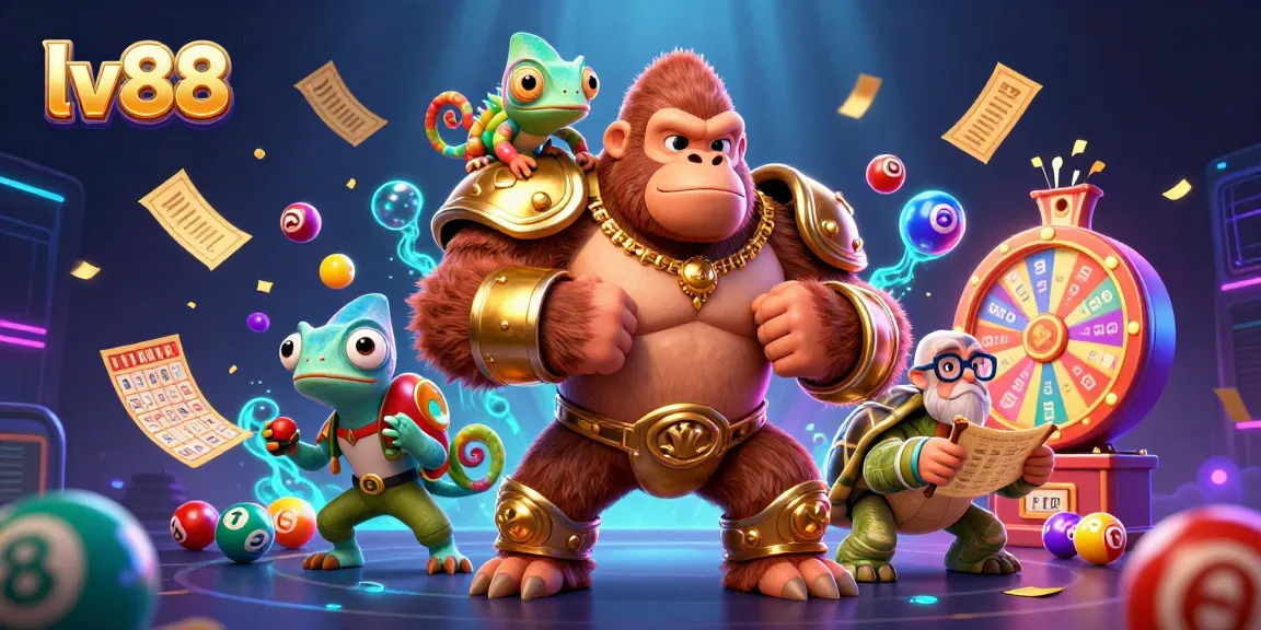 Join the excitement at lv88 with a gorilla king, clever chameleon, and wise tortoise in a lively gambling scene.
