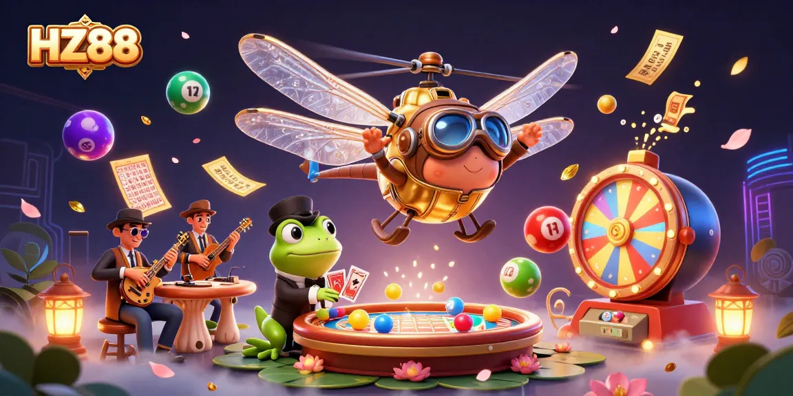 Experience high-stakes gaming at HZ88's lily pad casino, featuring vibrant lottery elements and lively characters.
