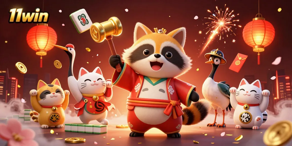 Win big with 11win in this vibrant casino-themed illustration featuring festive characters.