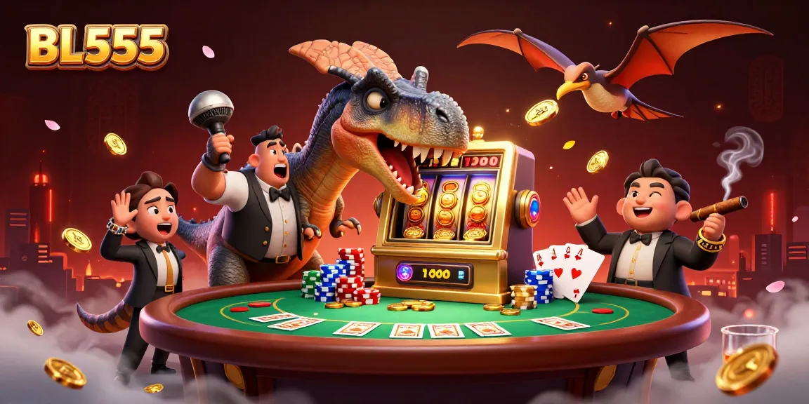 BL555 illustrates a cartoon pachycephalosaurus winning coins from a slot machine, showcasing a lively casino scene