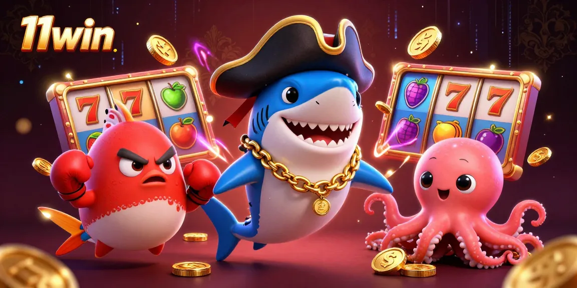 Engage with 11win's thrilling 3D pirate-themed casino scene, featuring vivid slot elements and animated characters.