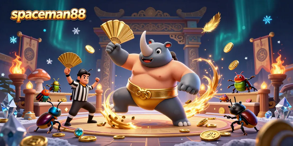 Experience the thrill of spaceman88 with dynamic beetle champions in a striking casino scene.