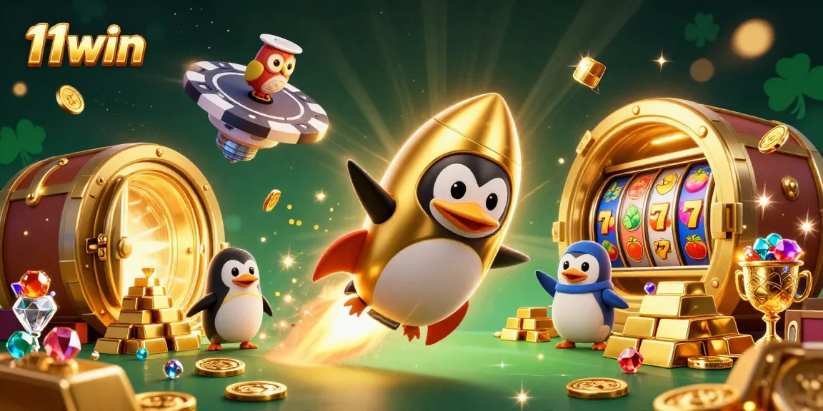 Experience the excitement of 11win with a golden penguin in a vibrant casino adventure.