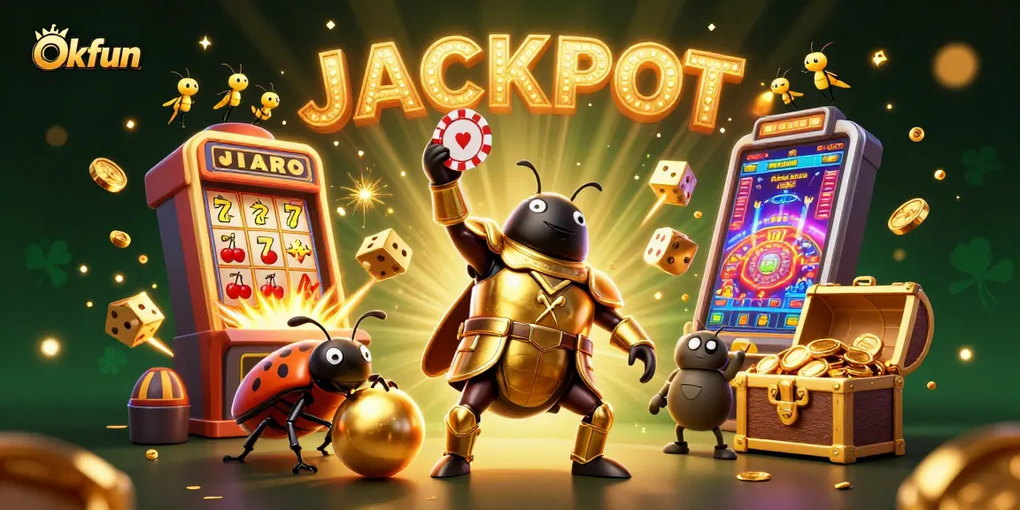 Experience thrilling jackpots at Okfun with our vibrant 3D casino scene depicting excitement and winning potential.