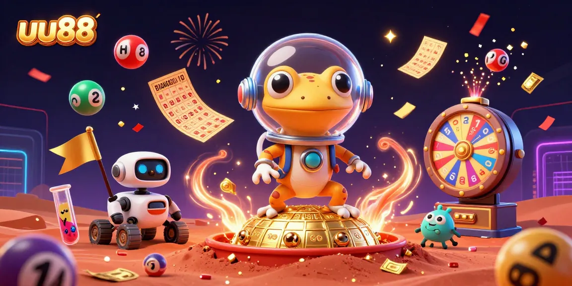 Play exciting games at uu88 featuring a Martian gecko exploring a golden casino on Mars.