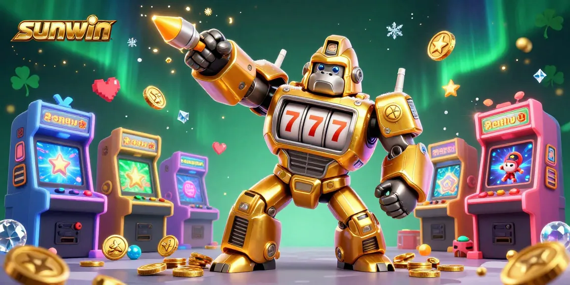 Experience thrilling games with sunwin as golden gorilla mech and vibrant arcade machines create excitement.