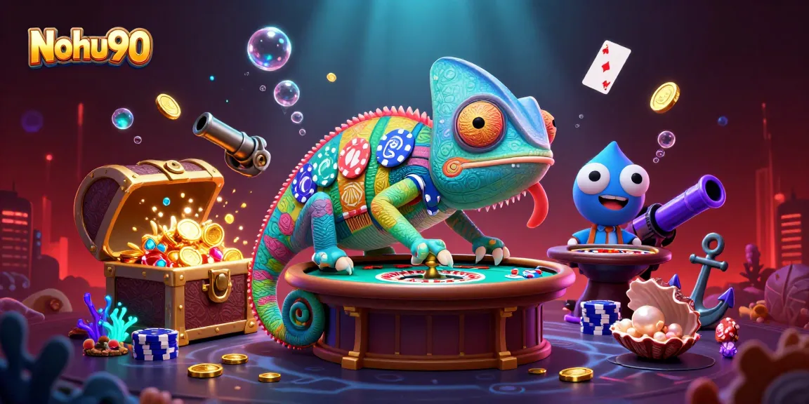 Nohu90 offers captivating casino gameplay with a vibrant chameleon host among gold coins and treasure in a colorful scene.