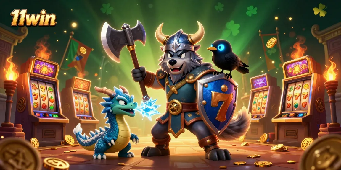 Experience thrilling gameplay at 11win with bouncing slot machines and a Viking warrior standing heroically.