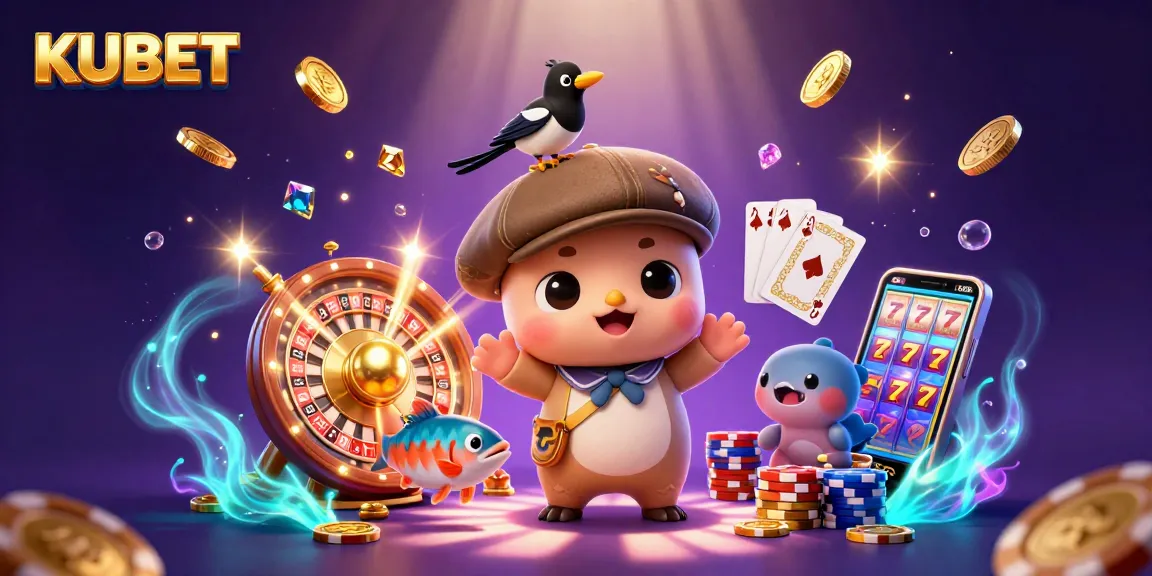 KUBET showcases a playful 3D cartoon scene with dynamic gambling elements including coins and cards.