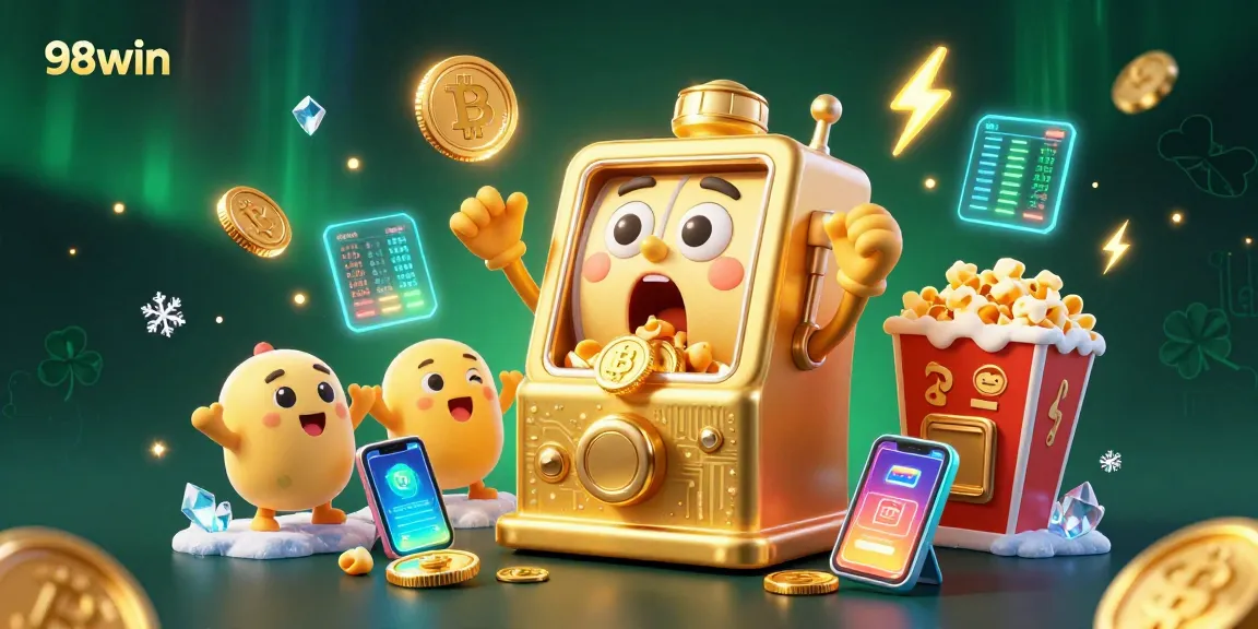 Experience the thrill of 98win as a joyous slot machine wins big, surrounded by crypto coins and cheering friends.