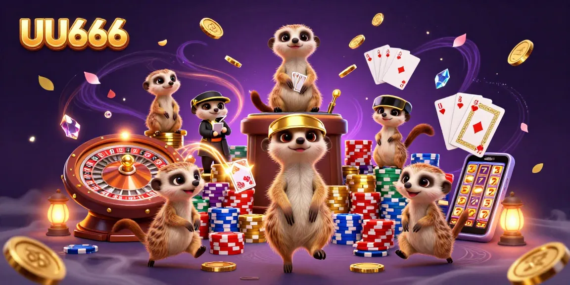 Experience the vibrant UU666 casino scene with meerkats managing chips, cards, and jewels.