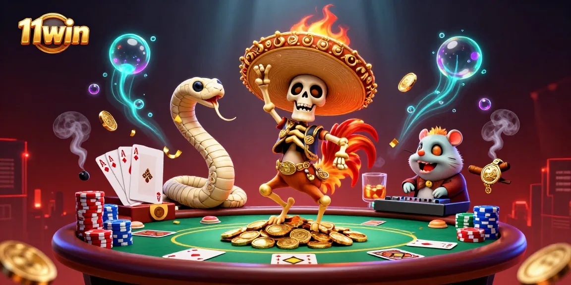 Engage with the vibrant victory dance at 11win, featuring a festive mariachi rooster and poker elements.